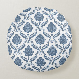 Rococo Damask Pattern Blue on White Round Pillow