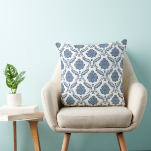 Rococo Damask Pattern Blue on White Throw Pillow