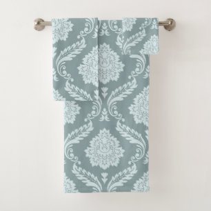 Rococo Damask Pattern Duck Egg Blue+Teal Bath Towel Set