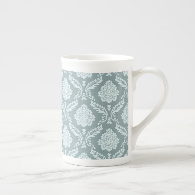 Rococo Damask Pattern Duck Egg Blue+Teal Bone China Mug (Right)