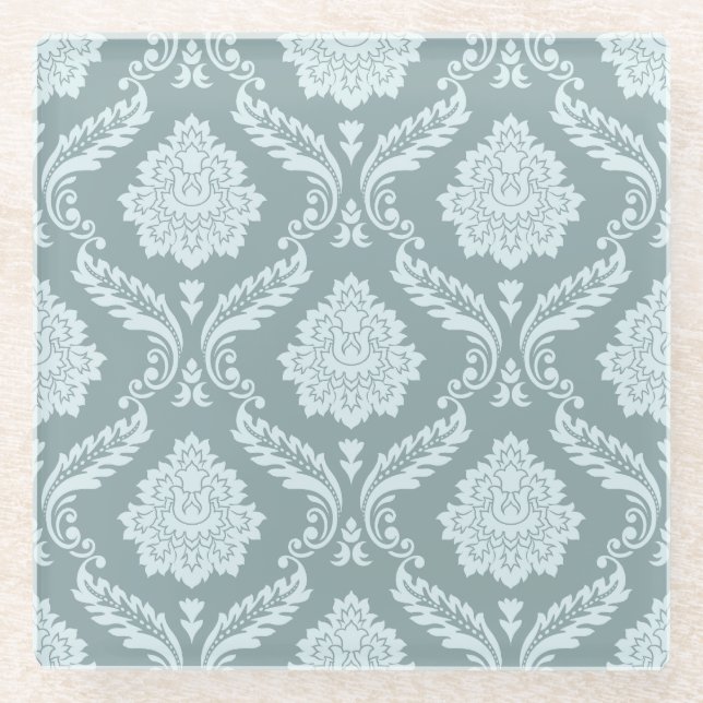 Rococo Damask Pattern Duck Egg Blue+Teal Glass Coaster (Front)