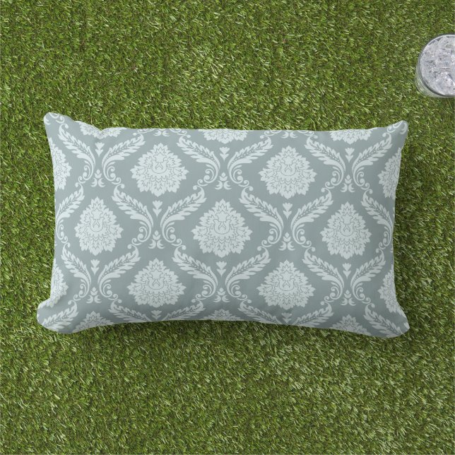 Rococo Damask Pattern Duck Egg Blue+Teal Lumbar Pillow (Grass)