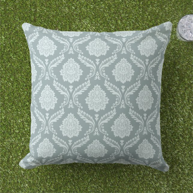 Rococo Damask Pattern Duck Egg Blue+Teal Outdoor Pillow (Grass)