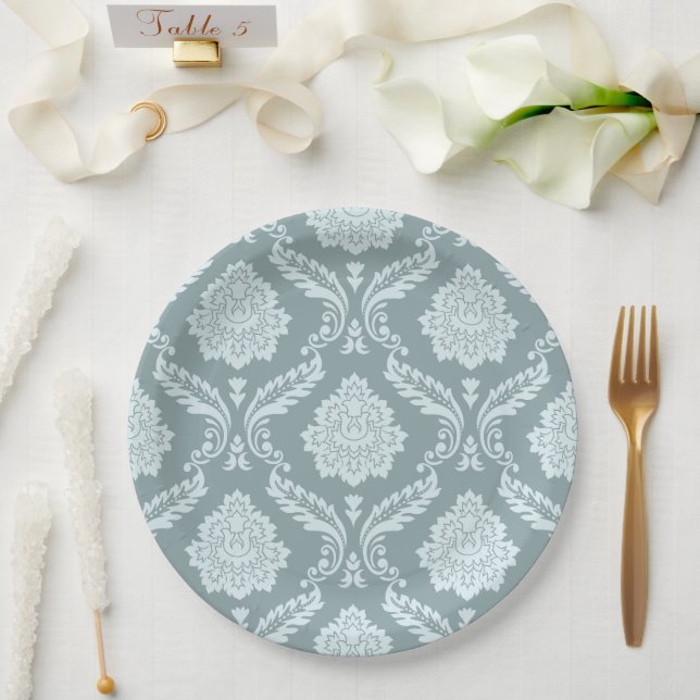 Rococo Damask Pattern Duck Egg Blue+Teal Paper Plate (Wedding)