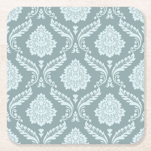 Rococo Damask Pattern Duck Egg Blue+Teal Square Paper Coaster (Front)