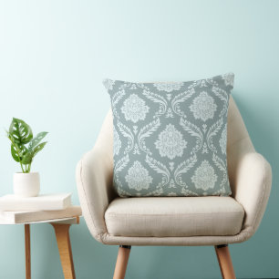 Rococo Damask Pattern Duck Egg Blue+Teal Throw Pillow