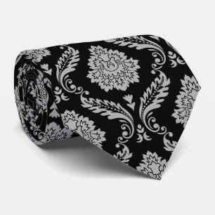 Rococo Damask Pattern Gray on Black Tie