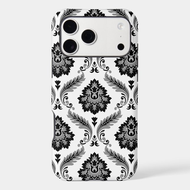 Rococo Damask Pattern Grey Black White (Verso)