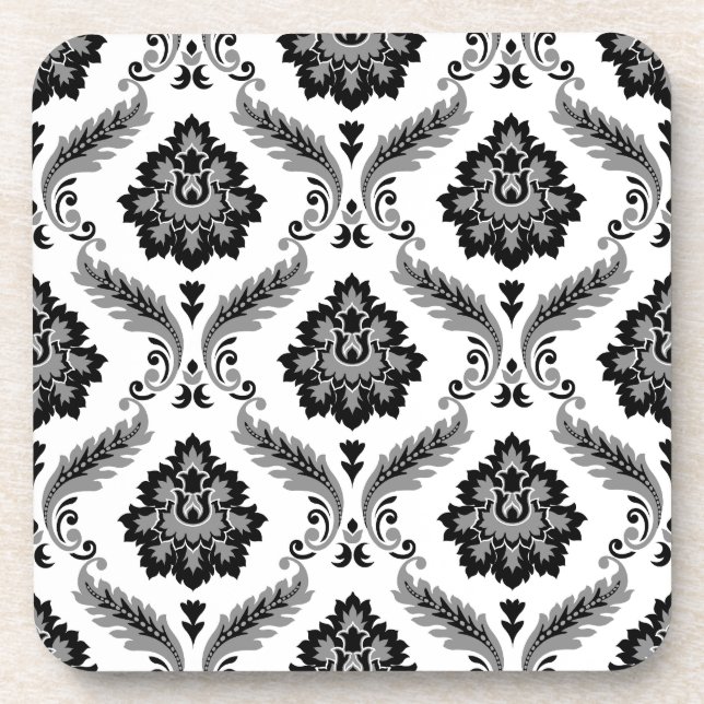 Rococo Damask Pattern Grey Black White Coaster (Front)