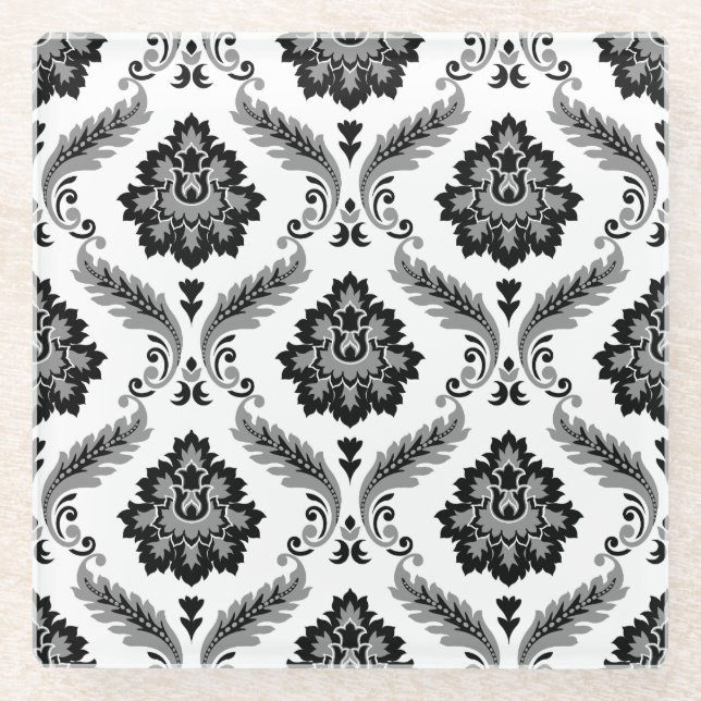 Rococo Damask Pattern Grey Black White Glass Coaster (Front)