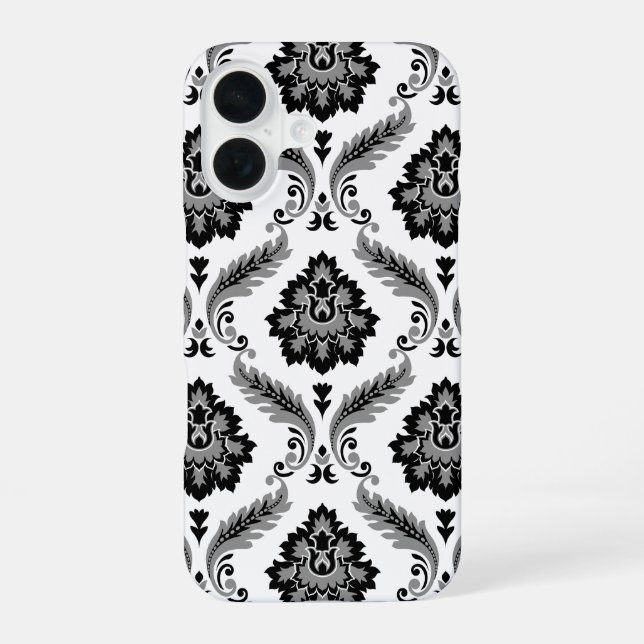 Rococo Damask Pattern Grey Black White iPhone 16 Case (Back)