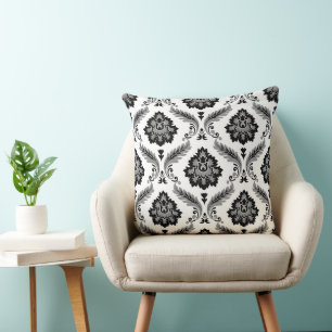 Rococo Damask Pattern Grey Black White Throw Pillow