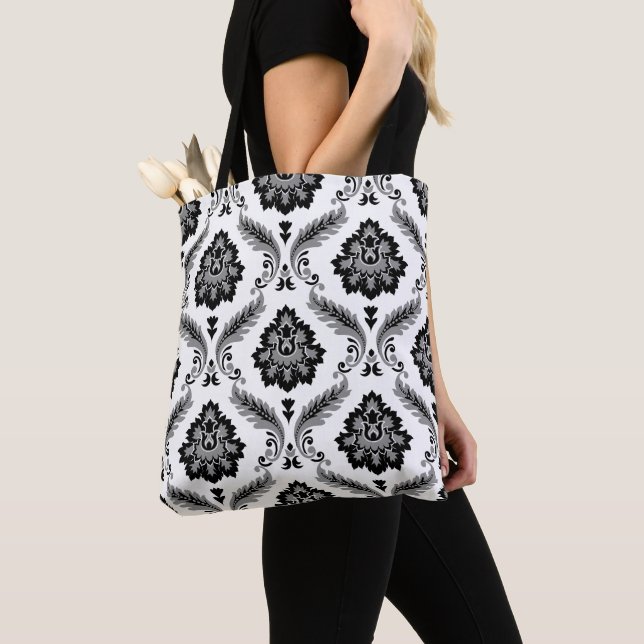 Rococo Damask Pattern Grey Black White Tote Bag (Close Up)
