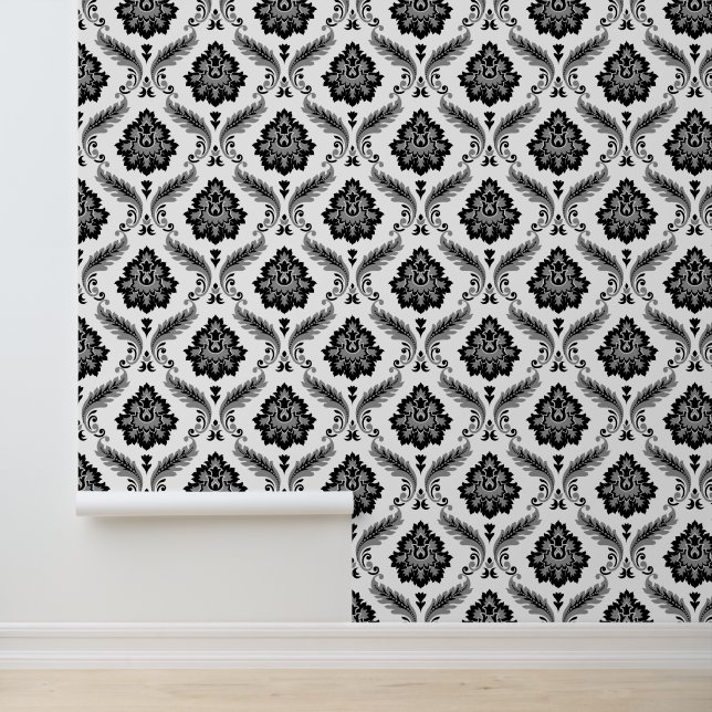 Rococo Damask Pattern Grey Black White Wallpaper (Application)
