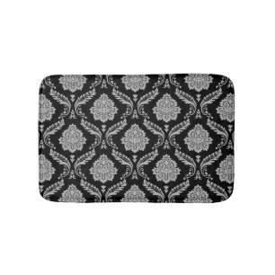 Rococo Damask Pattern Grey on Black Bath Mat