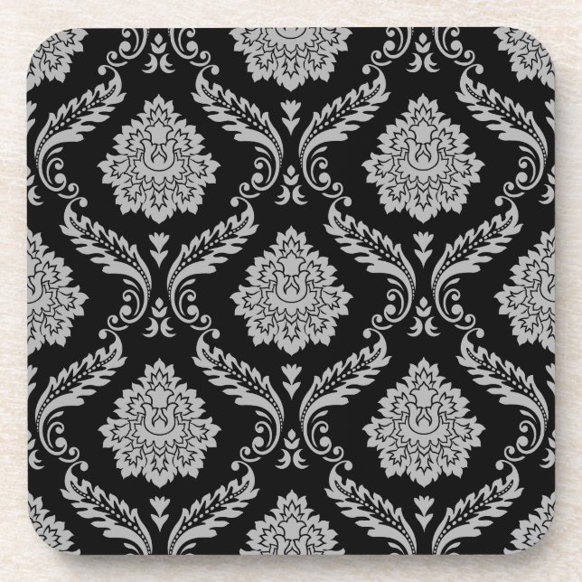 Rococo Damask Pattern Grey on Black Coaster (Front)