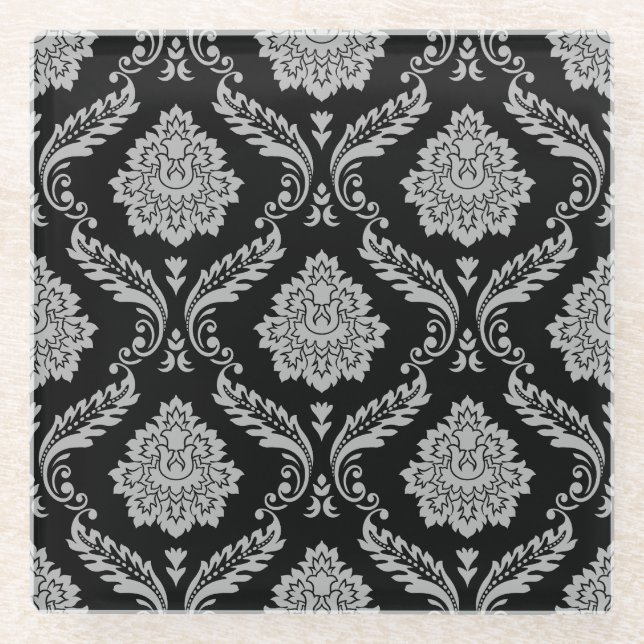 Rococo Damask Pattern Grey on Black Glass Coaster (Front)