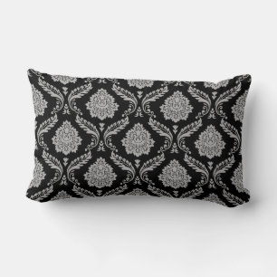 Rococo Damask Pattern Grey on Black Lumbar Pillow