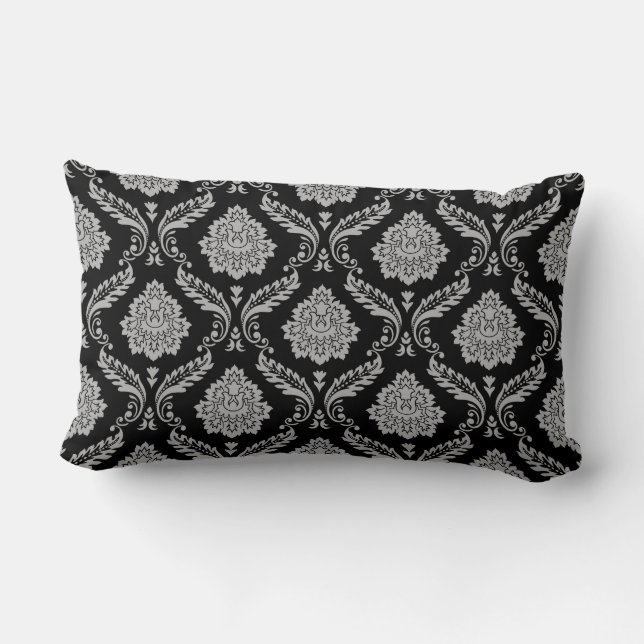 Rococo Damask Pattern Grey on Black Lumbar Pillow (Back)