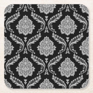 Rococo Damask Pattern Grey on Black Square Paper Coaster