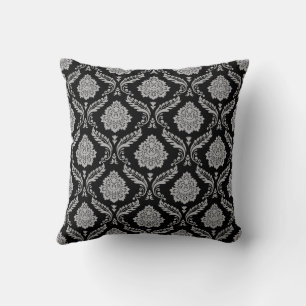 Rococo Damask Pattern Grey on Black Throw Pillow