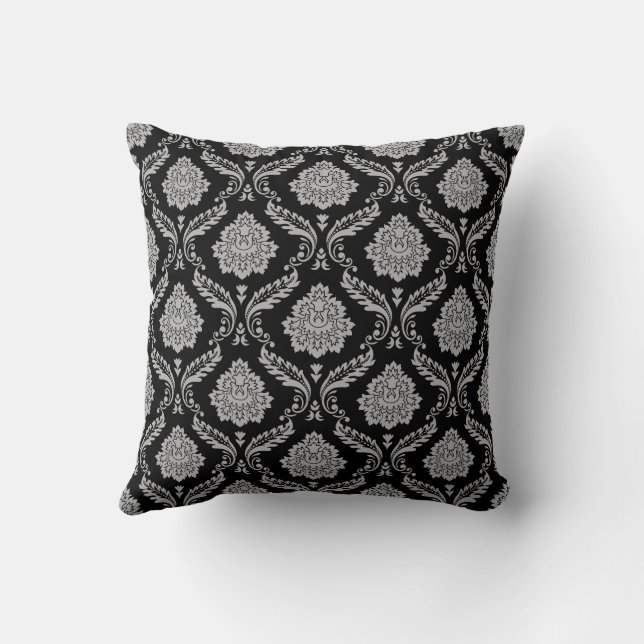 Rococo Damask Pattern Grey on Black Throw Pillow (Back)