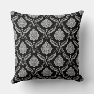 Rococo Damask Pattern Grey on Black Throw Pillow