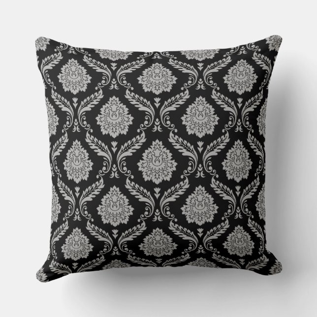 Rococo Damask Pattern Grey on Black Throw Pillow (Back)