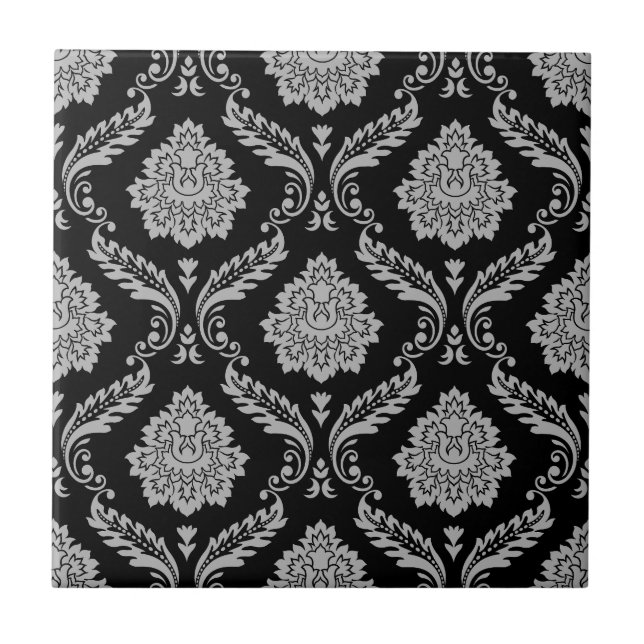 Rococo Damask Pattern Grey on Black Tile (Front)