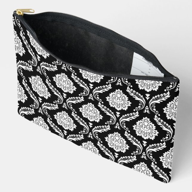Rococo Damask Pattern White on Black Accessory Pouch (Open)