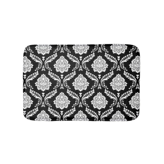 Rococo Damask Pattern White on Black Bath Mat (Front)