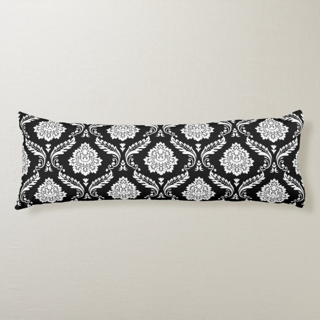 Rococo Damask Pattern White on Black Body Pillow (Front)