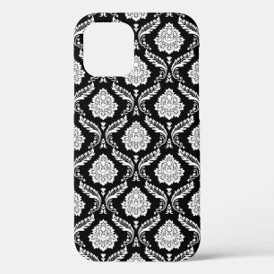 Rococo Damask Pattern White on Black iPhone 12 Case