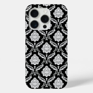 Rococo Damask Pattern White on Black iPhone 15 Pro Case