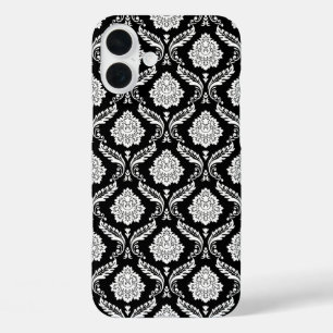 Rococo Damask Pattern White on Black iPhone 16 Plus Case