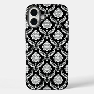 Rococo Damask Pattern White on Black iPhone 16 Plus Case