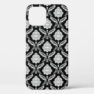 Rococo Damask Pattern White on Black iPhone 12 Case