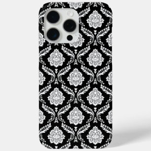 Rococo Damask Pattern White on Black iPhone 15 Pro Max Case