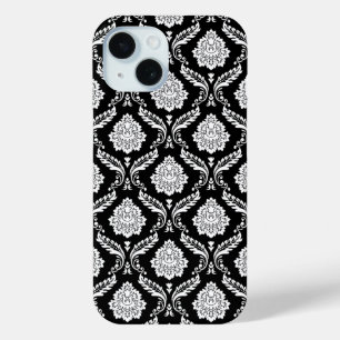Rococo Damask Pattern White on Black iPhone 15 Case