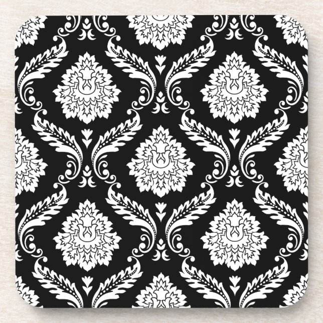 Rococo Damask Pattern White on Black Coaster (Front)