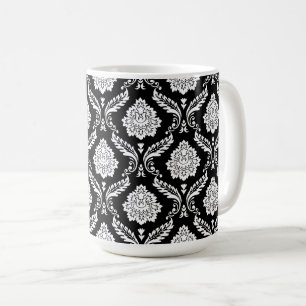 Rococo Damask Pattern White on Black Coffee Mug