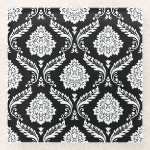 Rococo Damask Pattern White on Black Glass Coaster
