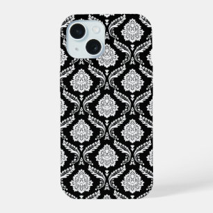 Rococo Damask Pattern White on Black iPhone 15 Case