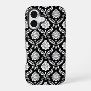 Rococo Damask Pattern White on Black iPhone 16 Case