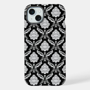 Rococo Damask Pattern White on Black iPhone 15 Plus Case