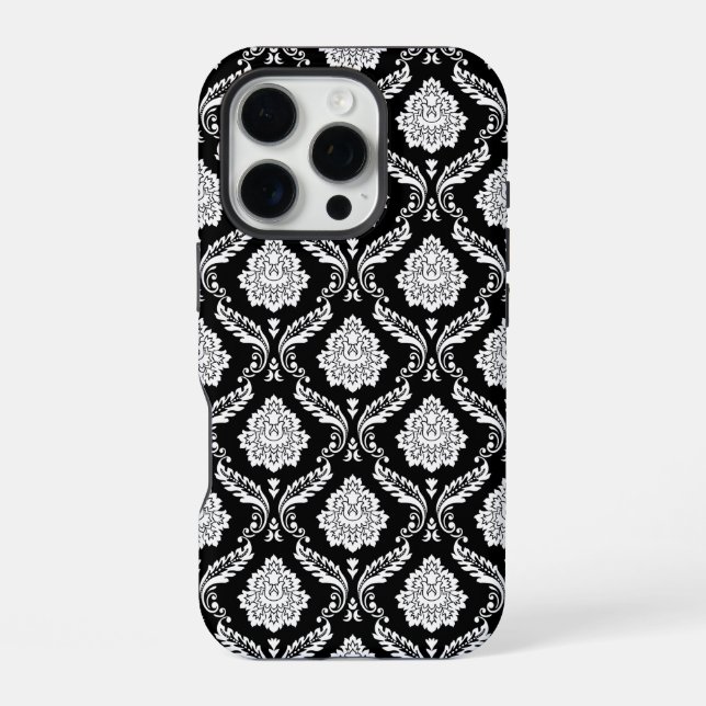 Rococo Damask Pattern White on Black  iPhone Case (Back)