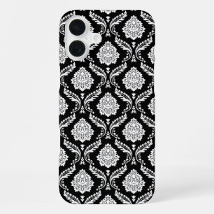 Rococo Damask Pattern White on Black iPhone 16 Plus Case