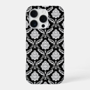Rococo Damask Pattern White on Black iPhone 16 Pro Case