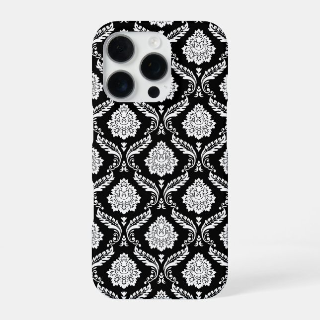 Rococo Damask Pattern White on Black  iPhone Case (Back)