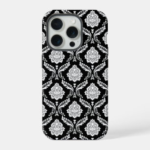 Rococo Damask Pattern White on Black iPhone 15 Pro Case